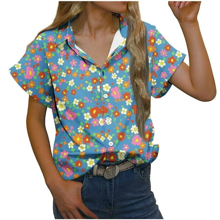 

SIMQOing Women s Summer Shirts Buttons V Neck Short Sleeve Blouse Loose Casual Floral Print Tee Top