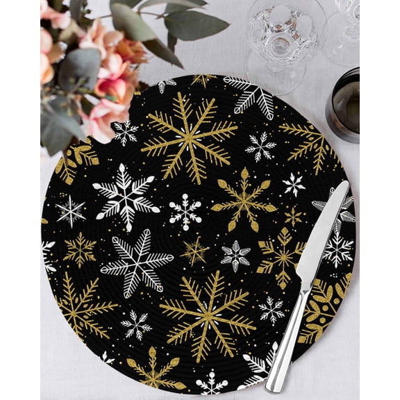 15 Inch Round Placemats Set of 4, Snowflake Christmas Non Slip Heat Insulation PP Table Mats, Winter Xmas Snow Simple Black Washable Place Mats for Kitchen Dining Party Table Decor
