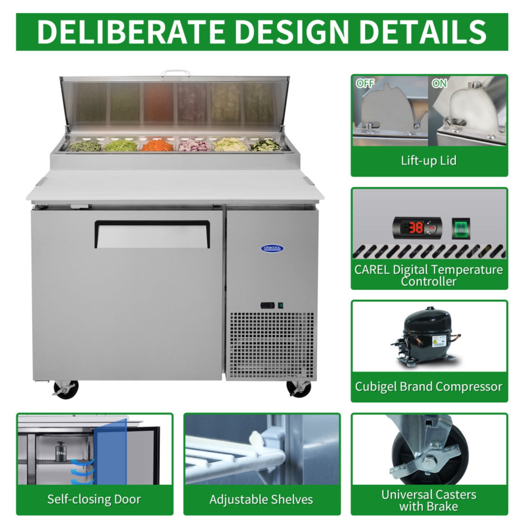 Orikool 44 IN Commercial Pizza Prep Table with a Built-in Refrigerator 11 Cu.Ft, Butcher Block Cutting Board, Protection Lid, Cold Storage, and Smooth-Rolling Casters, ETL Certified (LTL carry)