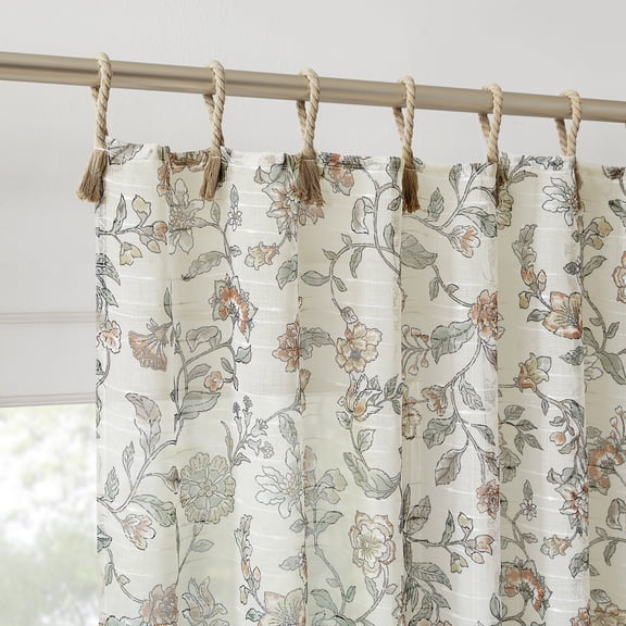 No. 918 Abigail 2-pack Rope Tab Top Floral Sheer Curtain Panel Pair, Sage Green, 50"W x 84"L (2 Panels)