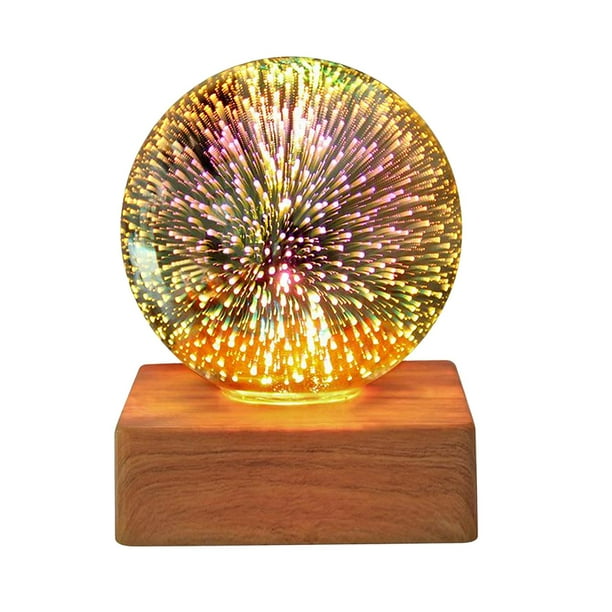 Lámpara de noche de cristal con fuegos artificiales 3D, lámpara de mesa decorativa para dormitorio y cama, colorida