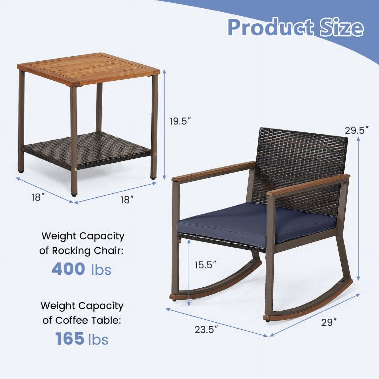 Aimee Lii 3 Pieces Rattan Rocking Bistro Set with Coffee Table and Cushions, Patio Table and Chairs Set, Outdoor Patio Set, Navy
