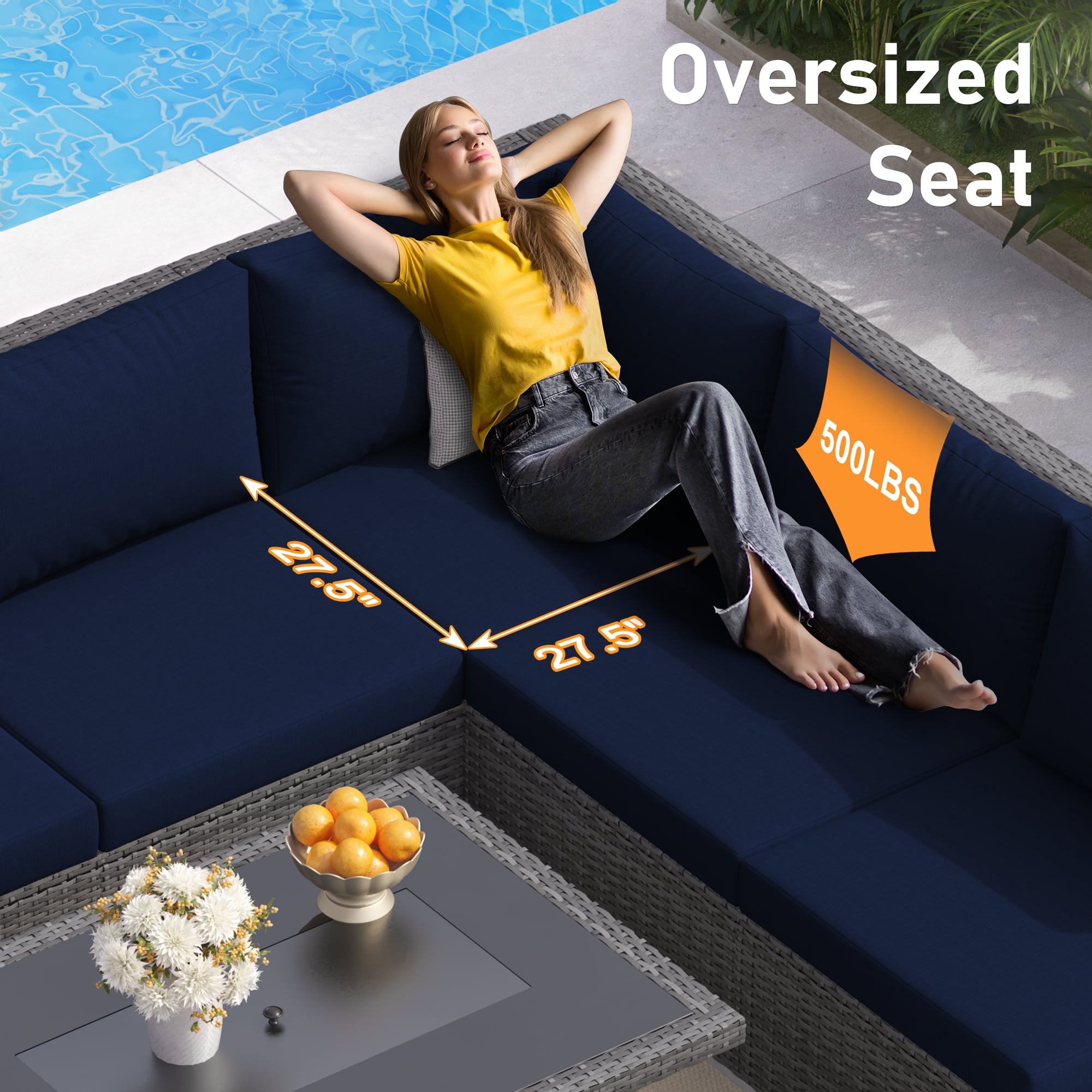 RADIATA 7-Piece Patio Furniture Set with Fire Pit Table, Outdoor Sectional with Fire Pit Table, Patio Couch Set with Fire Pit Table, Patio Furniture Set Outdoor Sectionals,Gray/Navy