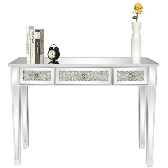 Winado Laptop Table, Mirrored Surface Computer Desk, 3 Broken Glass Drawer Study Desk, Silver