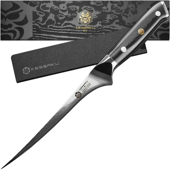 Kessaku Flexible Fillet Knife - 7 inch - Damascus Dynasty Series - Razor Sharp - Forged Japanese AUS-10V High Carbon Stainless Steel - Boning, Trimming, Skinning - G10 Handle with Blade Guard
