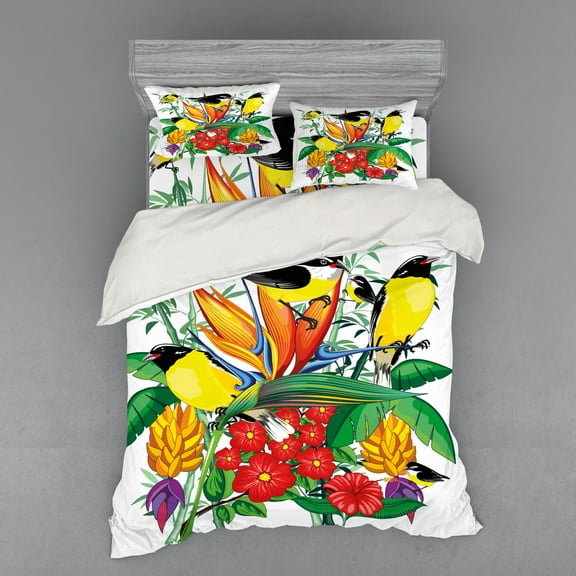 Ambesonne Exotic Bedding Set 4 Pcs, Flowers and Birds Layout, Queen, Multicolor