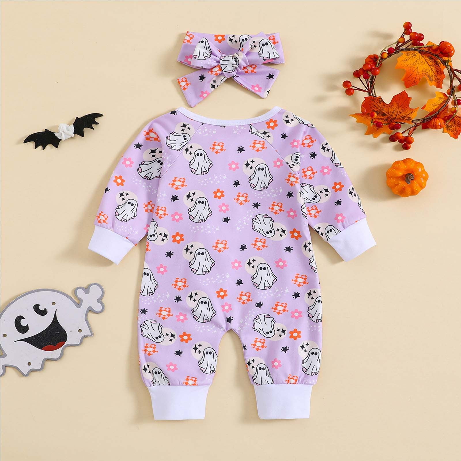 Baby Girl Bubble Romper Baby Girls Fall Full Zip Jumpsuit Cartoon Ghost Print Long Sleeve One Piece Pajama with Headband Soft Comfort Baby Boy Rompers Purple 6 Months-12 Months