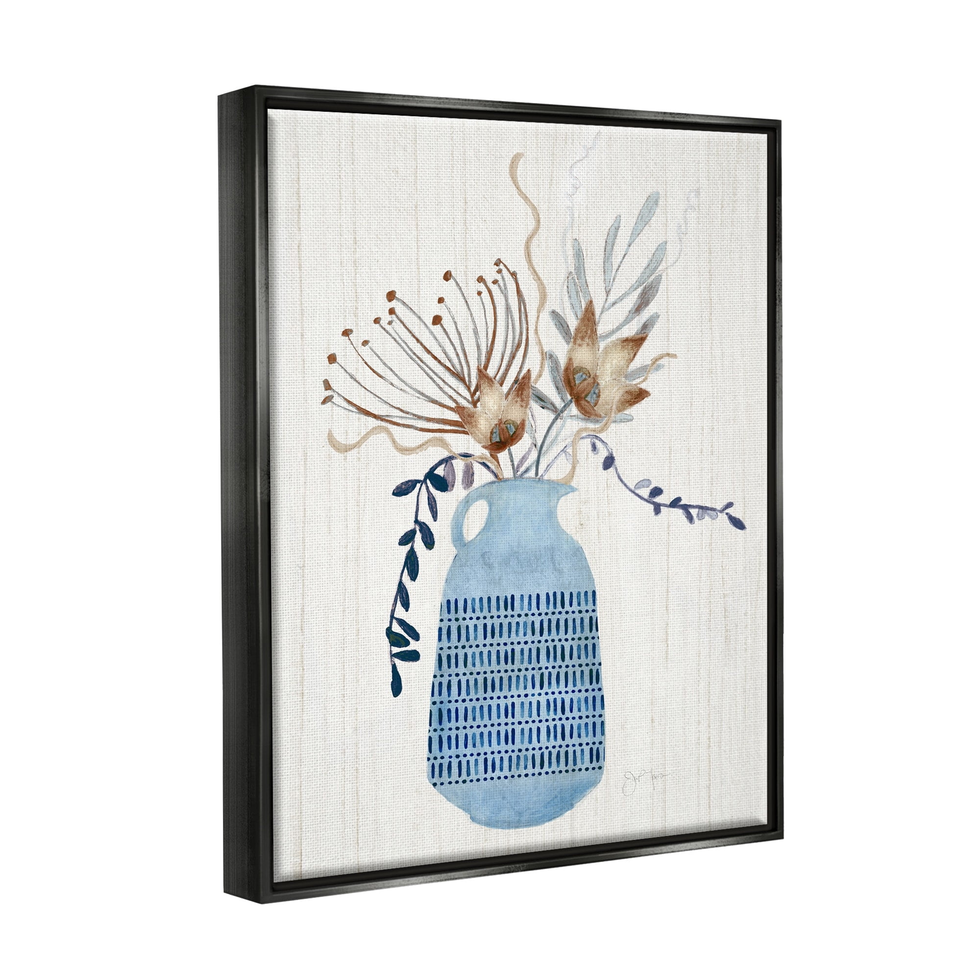 Stupell Industries Pleasant Blue Vase Boho Flowers Botanicals Arrangement Graphic Art Metallic Gold Floating Framed Canvas Print Wall Art, Design by Tava Studios
