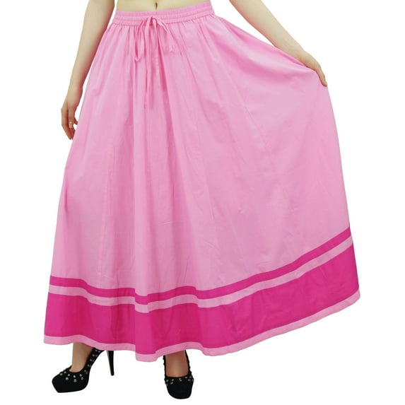 Bimba Women's Long Maxi Skirt With Contrast Border Boho Skirt With Elastic Waist