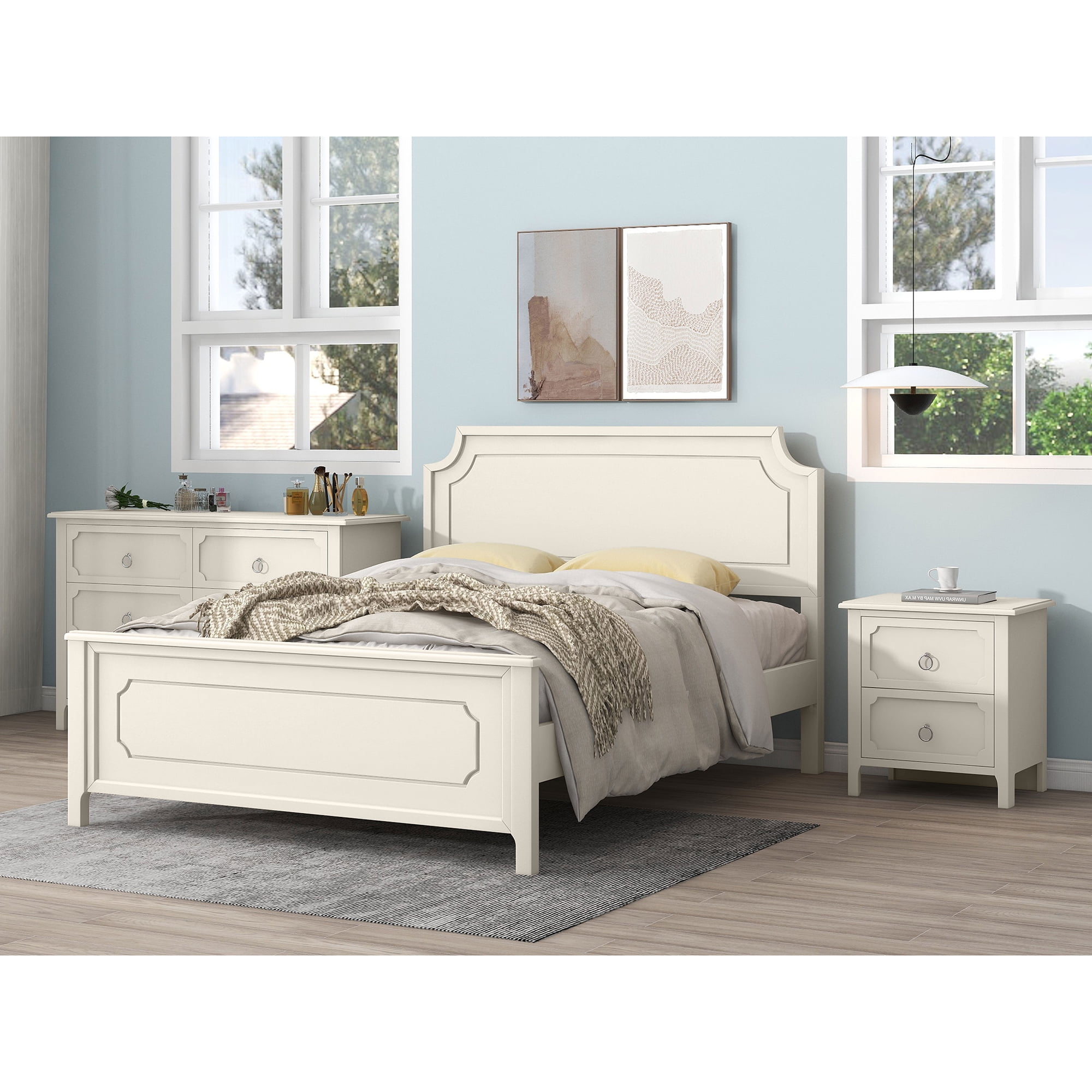 Resenkos 3 Pieces Solid Wood Bedroom Furniture Set Queen Size Platform Bed, Nightstand and Dresser Milky White Resenkos 3 Pieces Solid Wood Bedroom Furniture Set Queen Size Platform Bed, Nightstand and Dresser Milky White