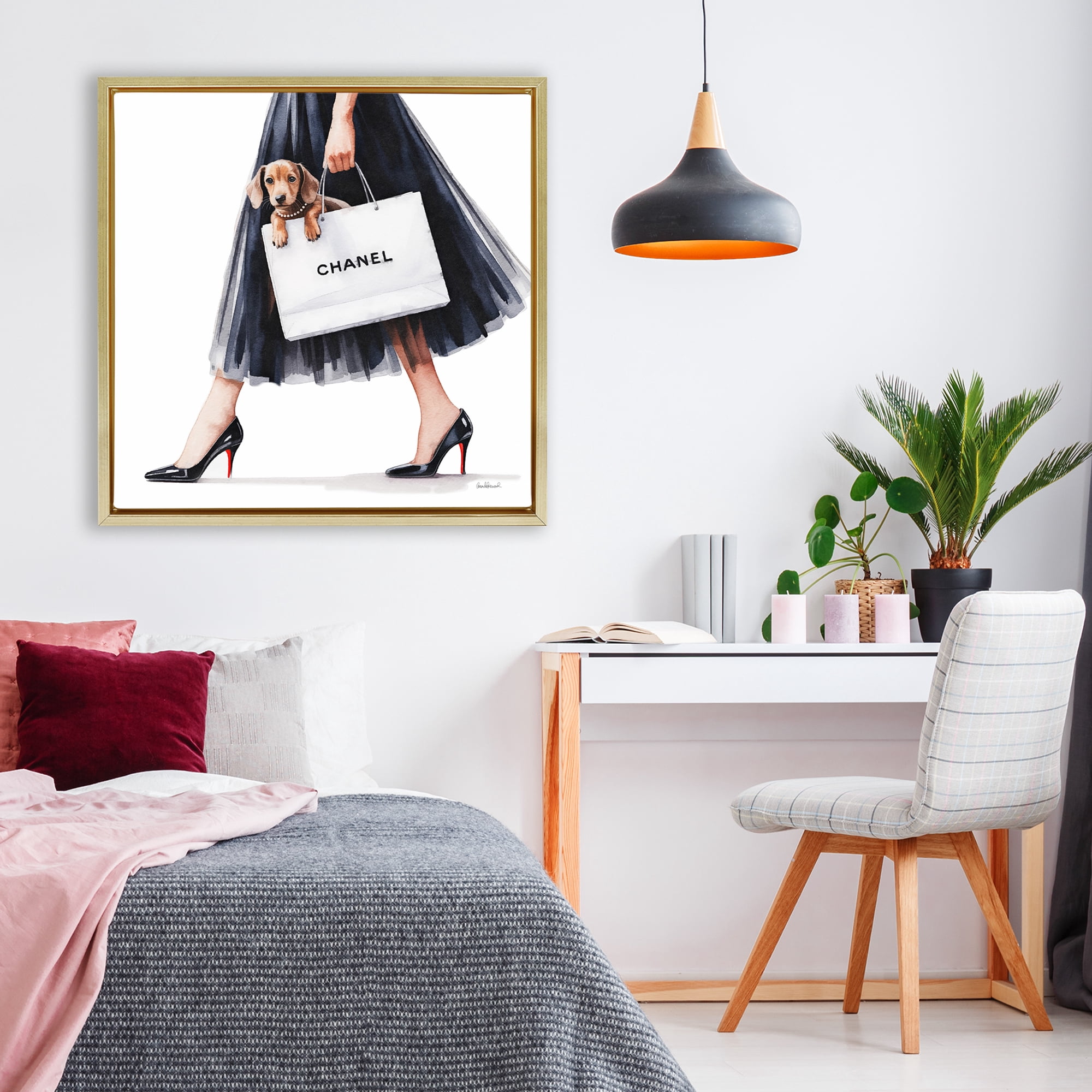 Stupell Industries Elegant Dog & Shopping Bag Gold Framed Floater Canvas Wall Art, design by Amanda Greenwood