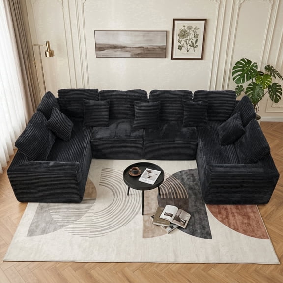 SOULART 138.5" U Shaped Sectional Couch,Black Cloud Boneless Sofa For Living Room,Plush Corduroy Couches With Deep Seat Chaise Lounge,No Assembly Required