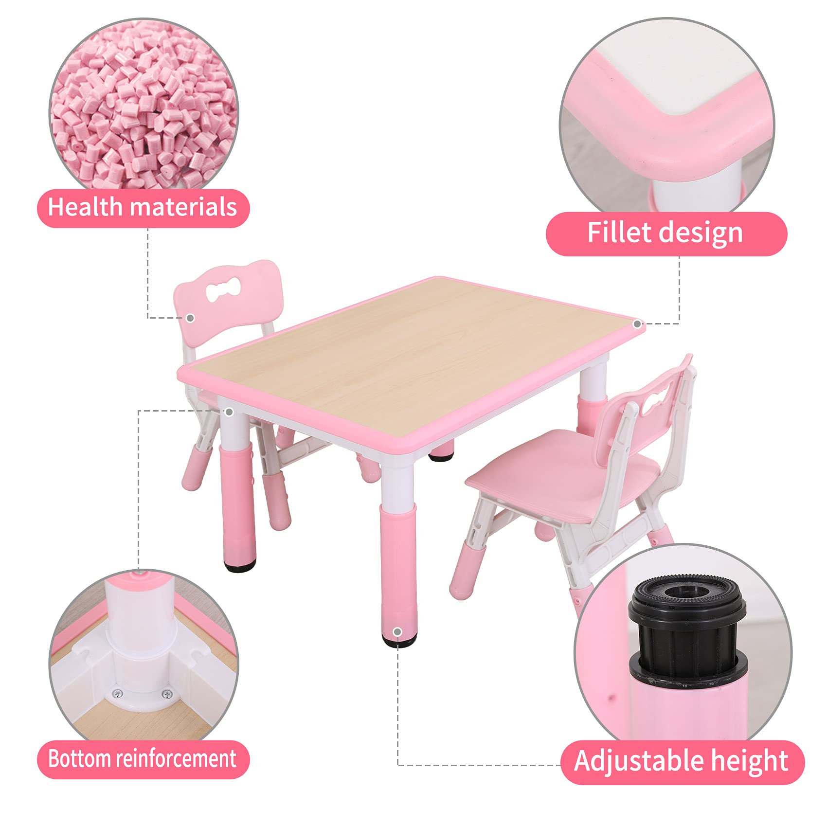 UNICOO® Kids Table and 2 Chairs Set, Height Adjustable Toddler Table and Chair Set, Easy to Wipe Arts & Crafts Table, Suitable for Ages 2-8, Toddler Table and Chairs (BY-60-MP)