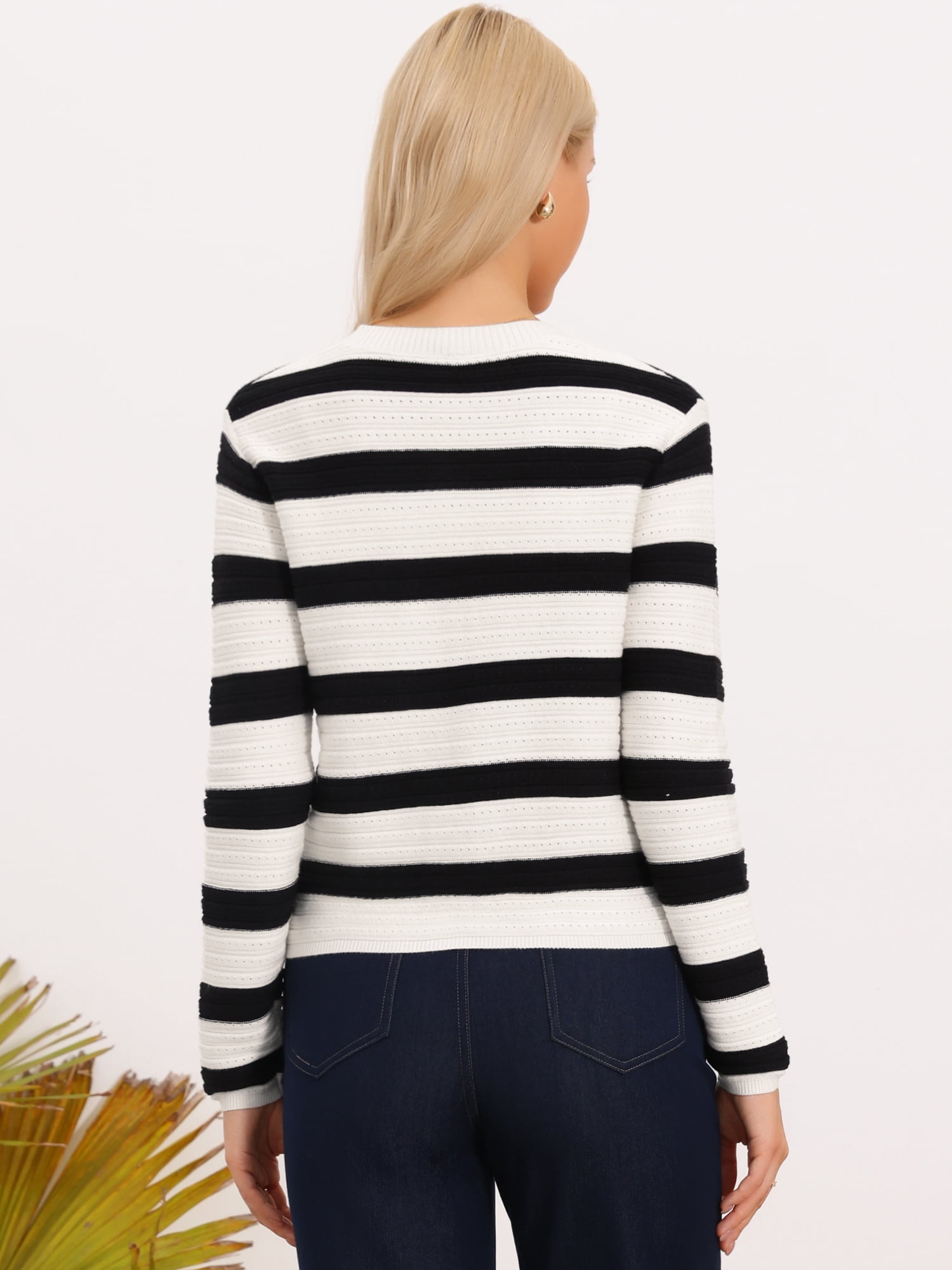 DARING DIVA Women's Striped Long Sleeve Button Down Crewneck Knit Cardigan XS Black White