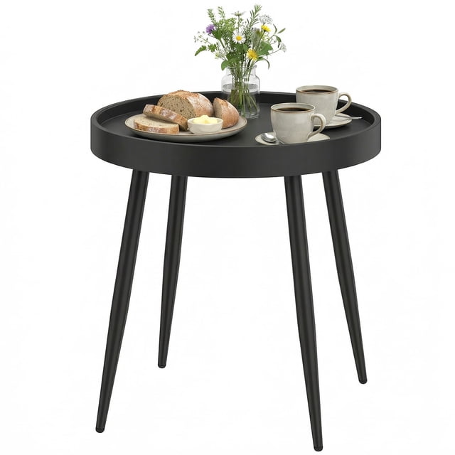 Table d'Appoint Ronde de 19,5 Pouces pour Terrasse Extérieure, Cadre en Métal Noir avec Dessus en PP Style Plateau Résistant aux UV, Petite Table Basse Résistante aux Intempéries pour Jardin, Balcon, Salon Ou Support pour Plantes
