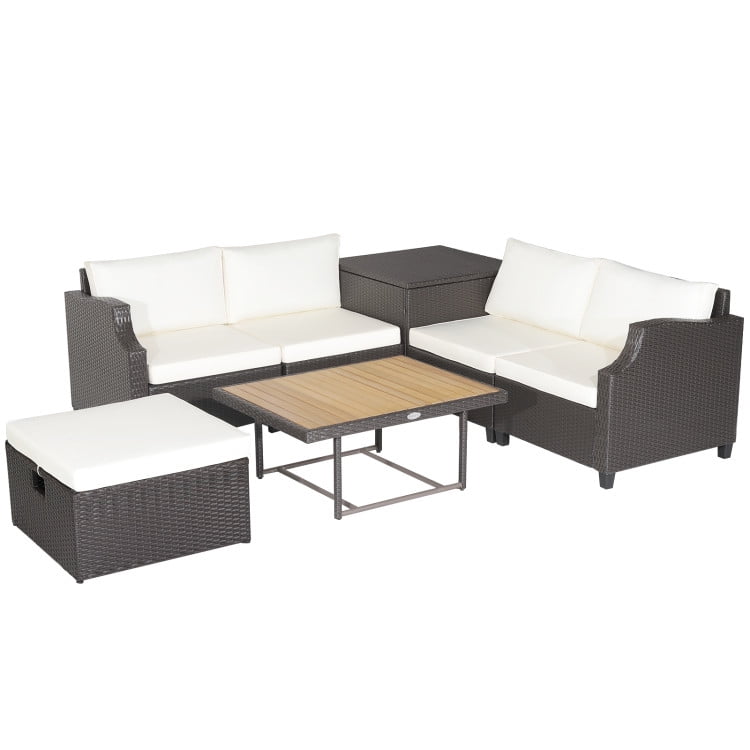 GVN 7 Pieces Hand-Woven Wicker Outdoor Furniture Set with Acacia Wood Coffee Table-White, Outdoor Sofa Sectional , Coffee Table for Patio Back Deck, Balcany, Poolside GVN 7 Pieces Hand-Woven Wicker Outdoor Furniture Set with Acacia Wood Coffee Table-White, Outdoor Sofa Sectional , Coffee Table for Patio Back Deck, Balcany, Poolside