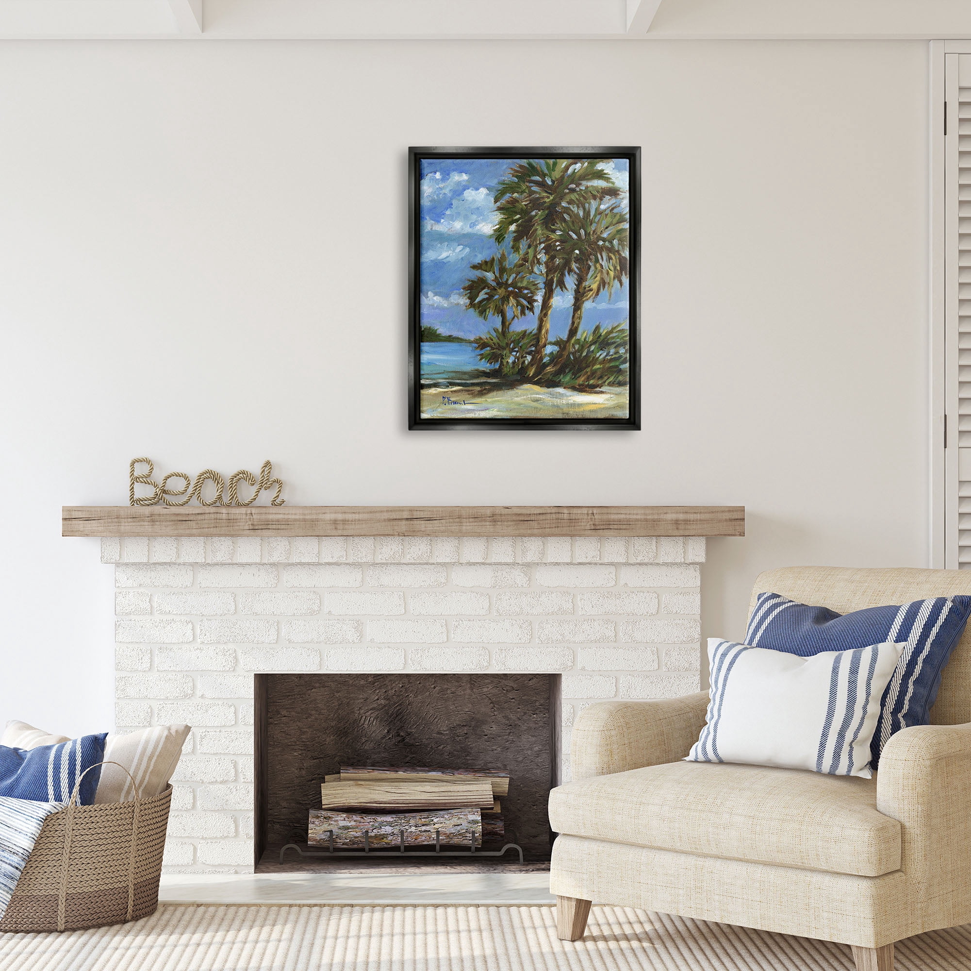 Stupell Industries Tropical Shoreline View Nature Painting Black Floater Framed Art Print Wall Art, 25 x 31