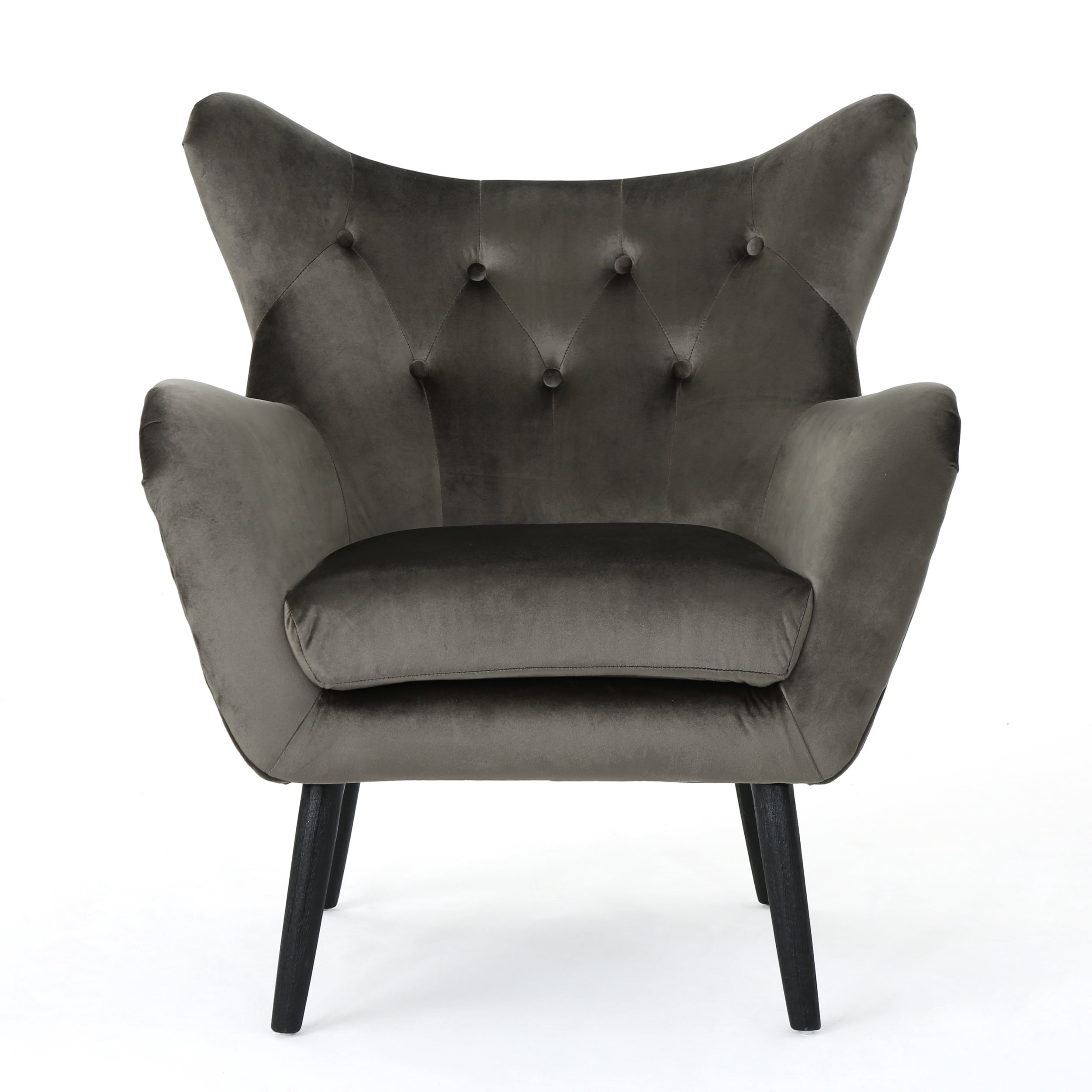 Noble House Ochoa Mid Century Modern Velvet Armchair in Grey with Oak Wood Legs
