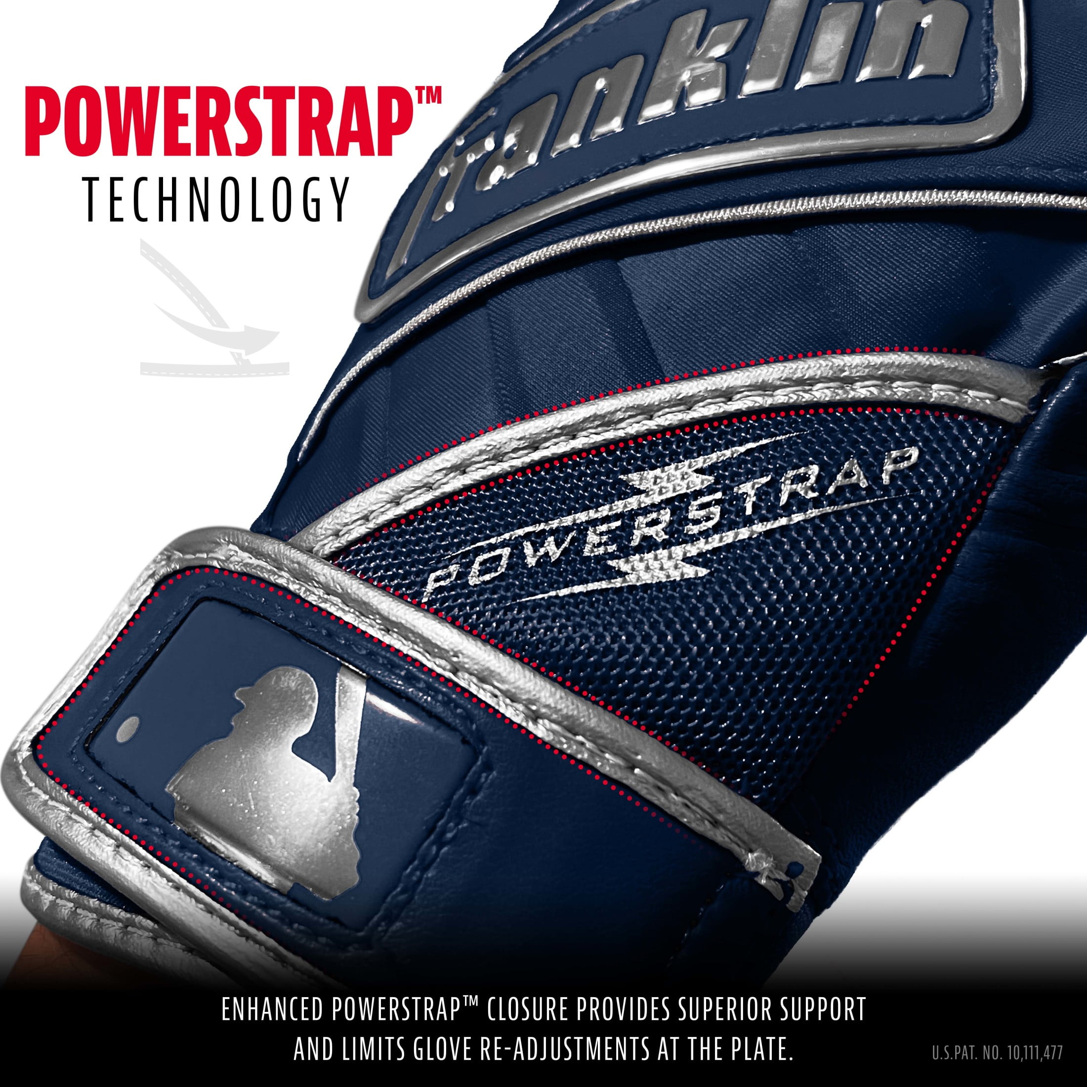 Franklin Sports MLB Batting Gloves - Powerstrap Chrome Adult Men's + Youth Batting Gloves Pair - Baseball + Softball Gear - Navy - Adult Medium