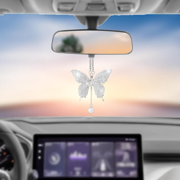 Bling Butterfly Diamond Car Hanging Accessories, Crystal Rear View Mirror Charms, Good Luck Gifts Amulet Ornament Hanging Interior Decoration for Women (White)