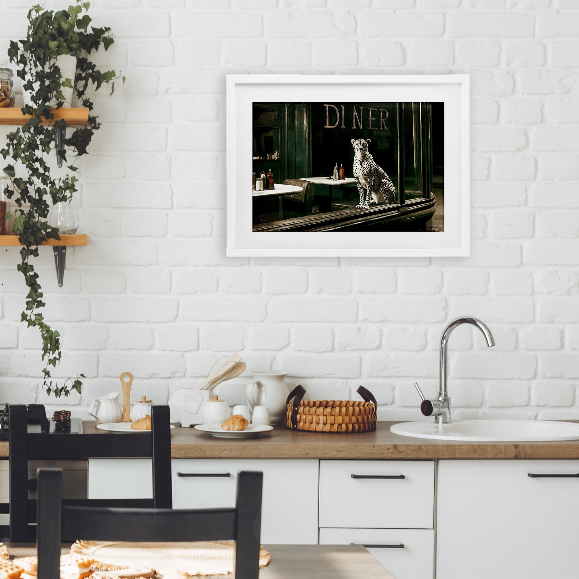 Stupell Industries Diner Sentry Leopard White Framed Print Under Glass, design by Annabelle Hall