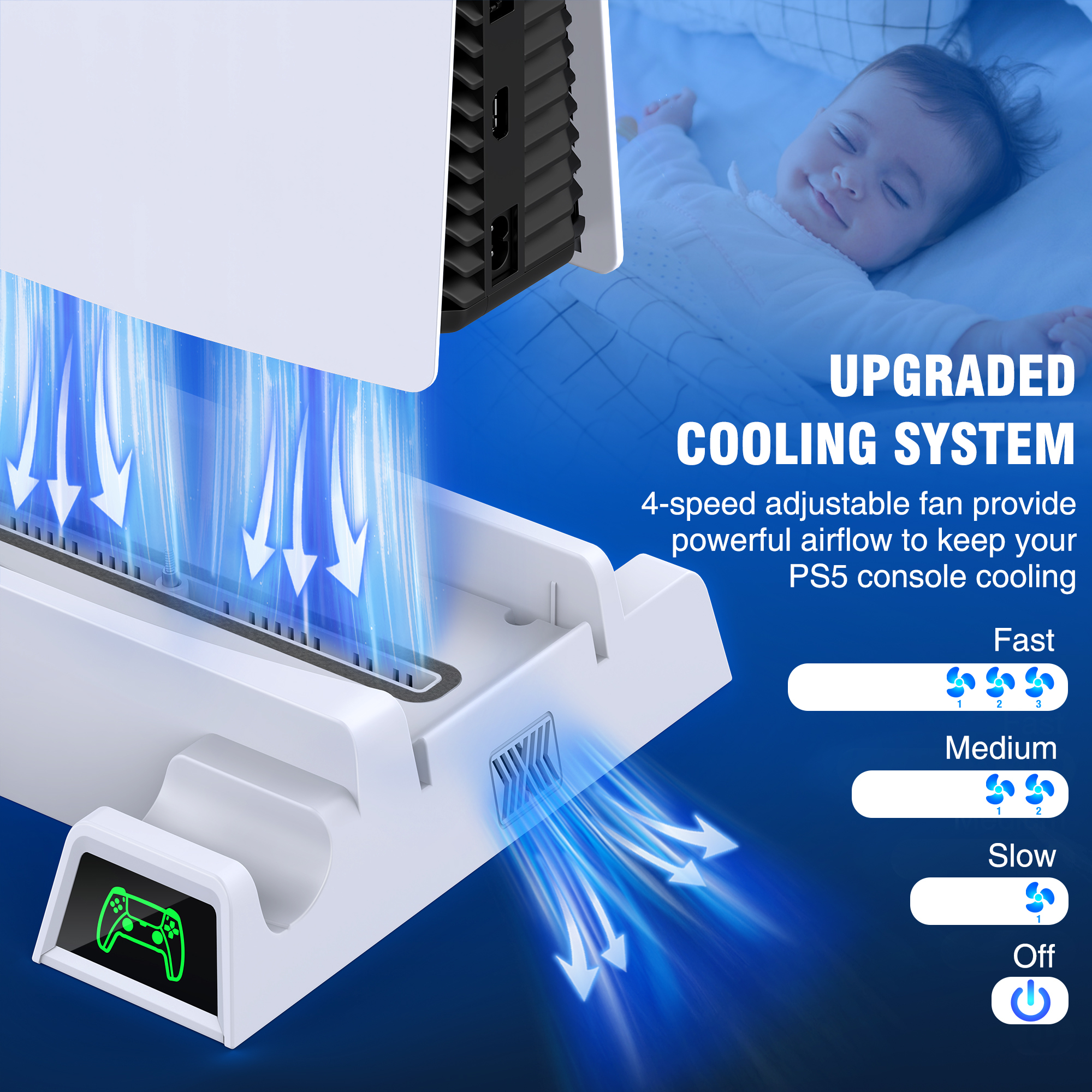 Sunix Cooling Station for PS5 Console, Dual Charging Station for PS VR2 &  PS5 Controller with 3-Level Speeds Fan, 8 Game Disc Slots 