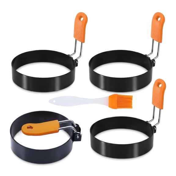 WZB 3.5 in Egg Rings Set of 4, Silicone‑Handle Round Cooking Mold for Frying Eggs & English Muffins, Griddle Breakfast Tool with Silicone Oil Brush