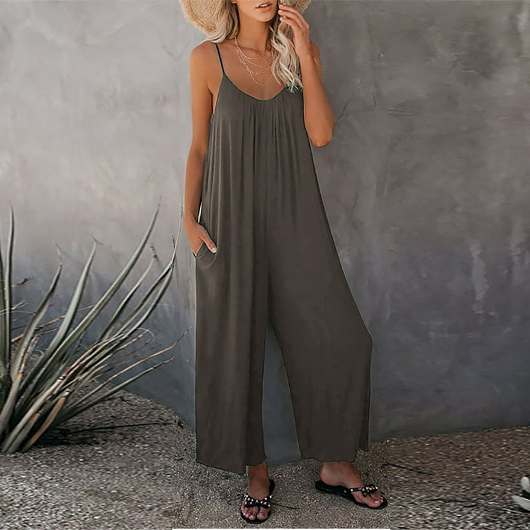RPVATI Wide Leg Jumpsuits for Women Spaghetti Strap Ribbed One Piece  Jumpsuits Beach Loose Fit Bib Overalls Dressy Sleeveless V Neck Long Pant  Rompers