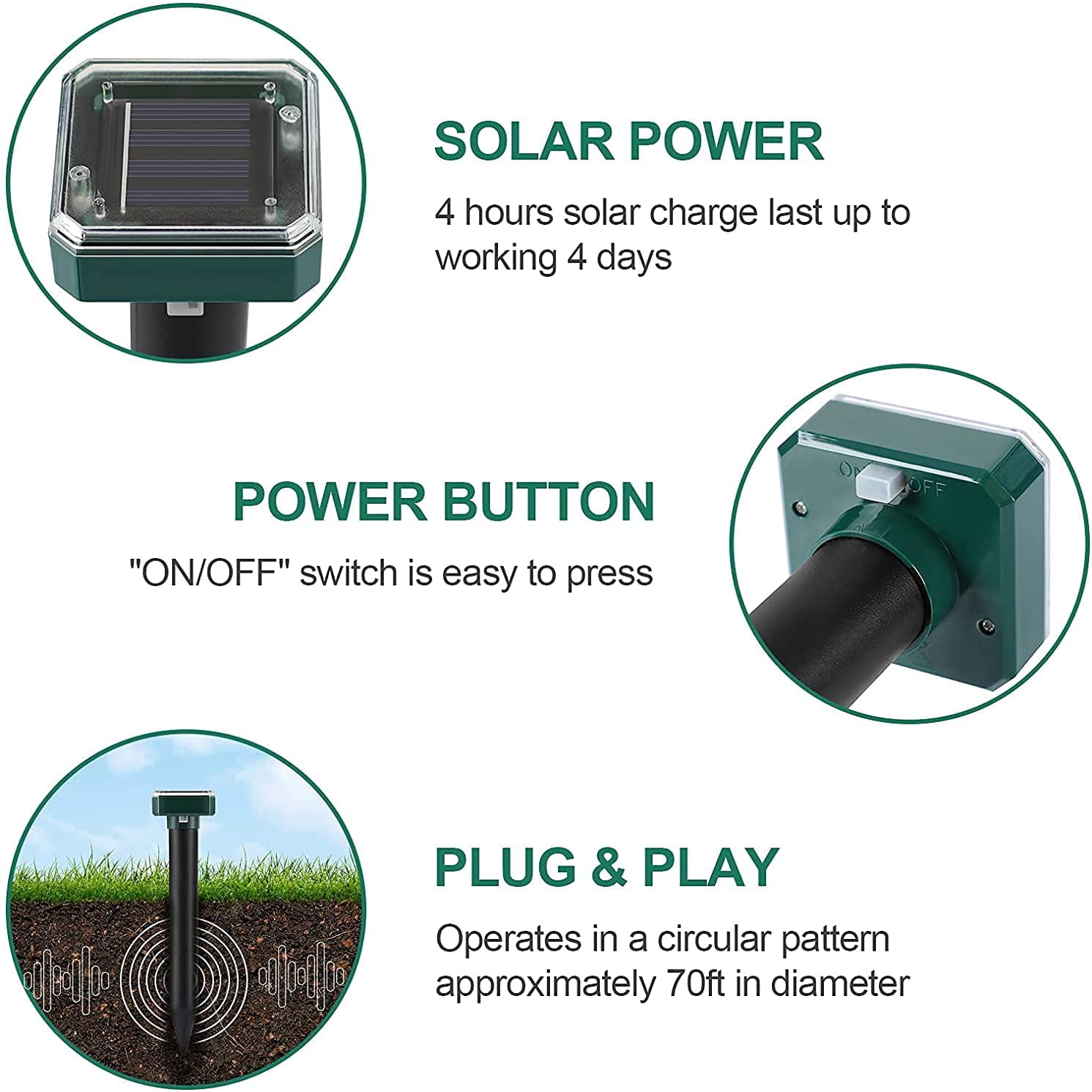 4 Pack Ultrasonic Pest Repeller Mole Repeller Solar Power Mole Deterrents for Garden Outdoor Waterproof Get Rid of Mole Snakes Repellent Mice Gophers
