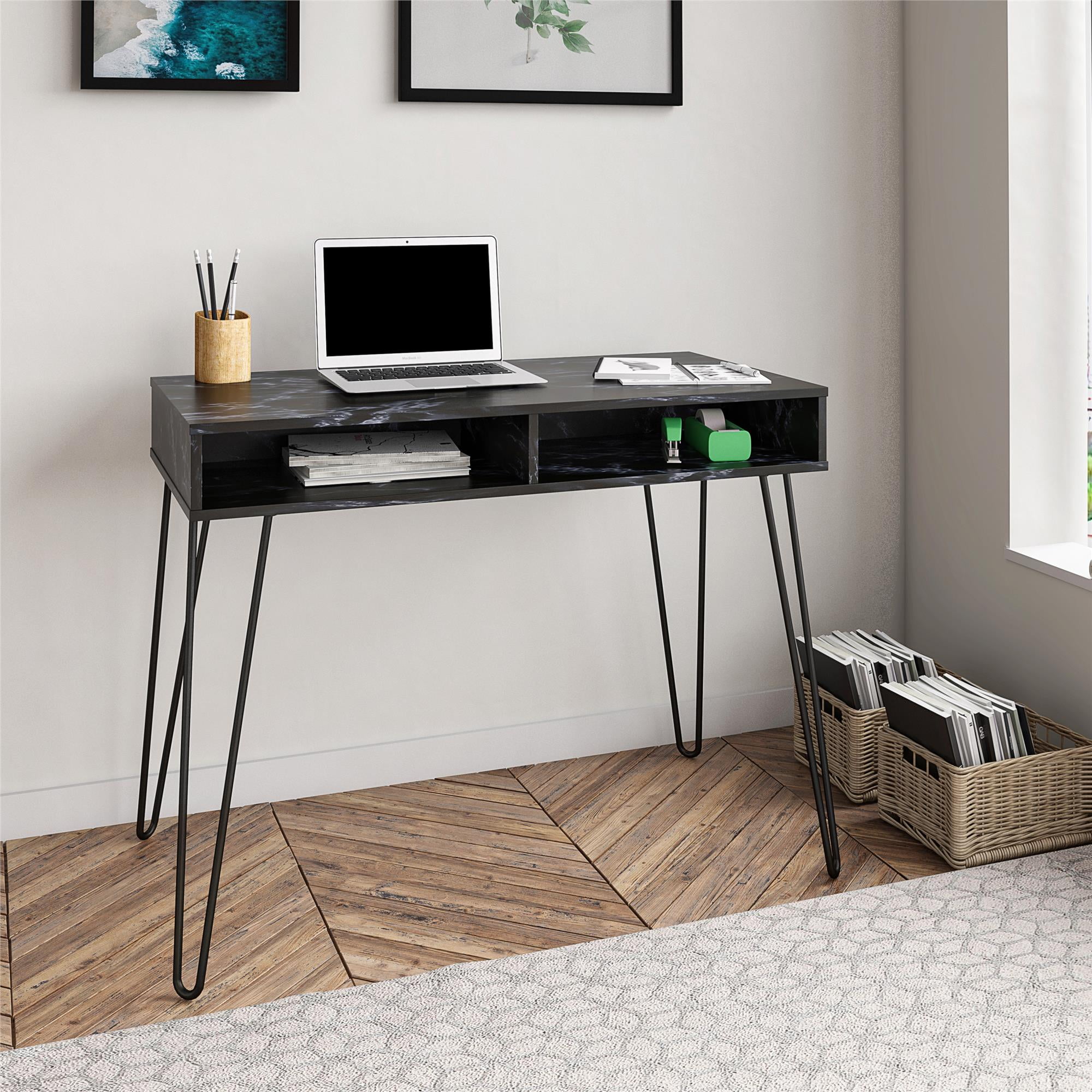 Novogratz Athena Computer Desk with Storage, Black Marble