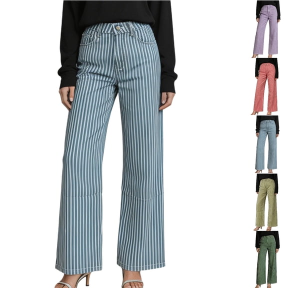Tsivenald Womens Jeans High Waist Vertical Striped Print Button Fly Flared Leg Classic Five Pocket Denim Casual Pants