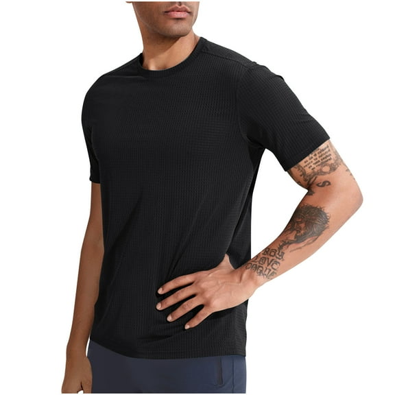Deals SSAAVKUY Men's T-Shirts Casual Knit Short Sleeve Crewneck Honeycomb Waffle Solid Knitted Pullover Tops Cutout Sports Tees Black XXL