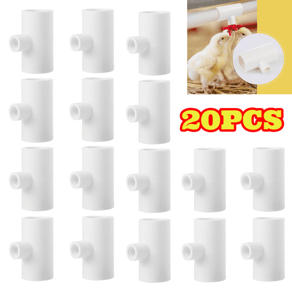 20pcs Chicken Waterer PVC Tee Fittings, Fully Automatic for Threaded Chicken Waterer Nipples/Cups/Feeders/Poultry Water Drinker, White