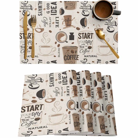 Cafe Coffee Bean Letter Back Placemats Set of 4,Wipeable Washable Table Mats for Dining Tables,Graffiti Abstract Art Place Mats for Kitchen Event Party Tabletop Decor