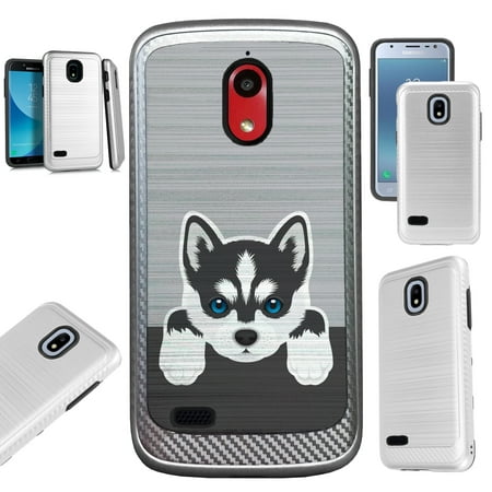 For AT&T Axia (2018) Case Brushed Metal Texture Hybrid TPU Artillery Phone Cover (Cute Dog Siberian