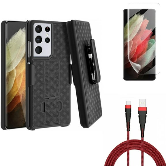 Case Belt Clip & 10ft USB Cable & Matte Screen Protector for Samsung Galaxy S21 Ultra Phone - Holster Swivel & Type-C Charger Cord & TPU Film Anti-Glare Accessory Bundle