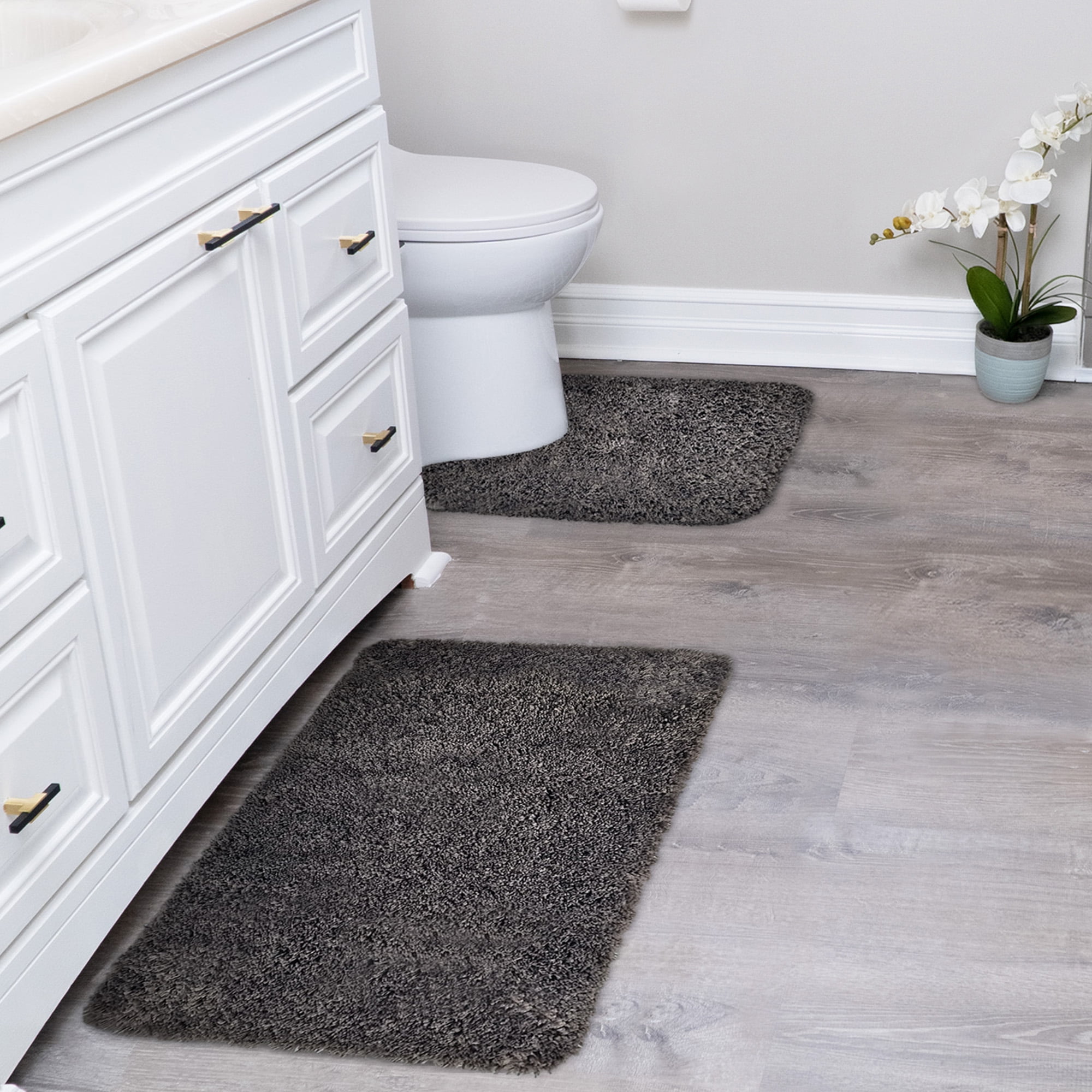 Solid Dark Gray Bathroom Rugs Sets, Shower Rugs with Toilet Rugs U