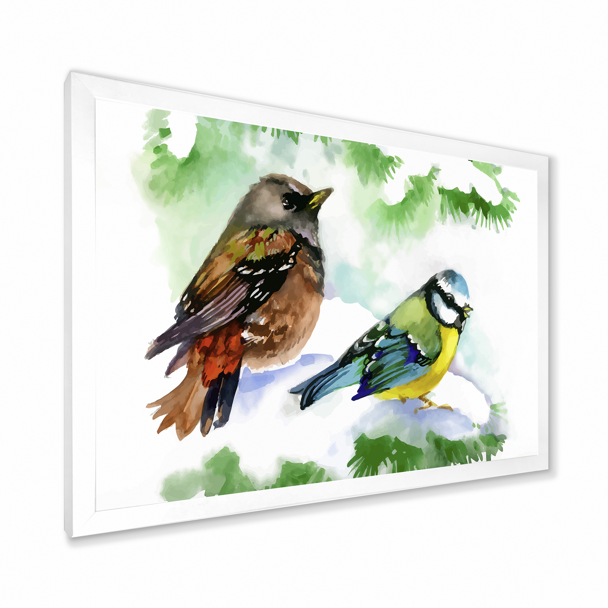 Designart 'Forest Birds Sitting On Snowy Fir Tree Branch' Traditional Framed Art Print