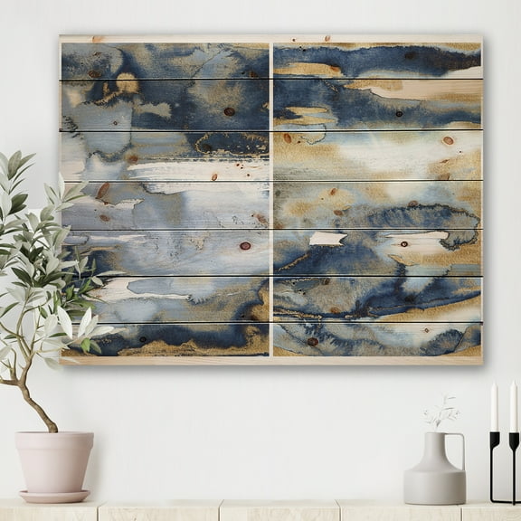 Designart 'Gold and Dark Blue Abstract II' Modern Print on Natural Pine Wood