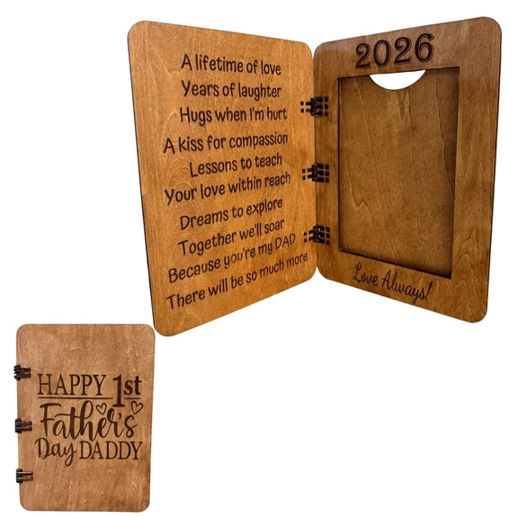 First Father’s Day Picture Frame Greeting Card – 5.9” x 8.2” Wood Card Holds 4x6 Photo – New Dad Keepsake with Acrylic Plate and Envelope