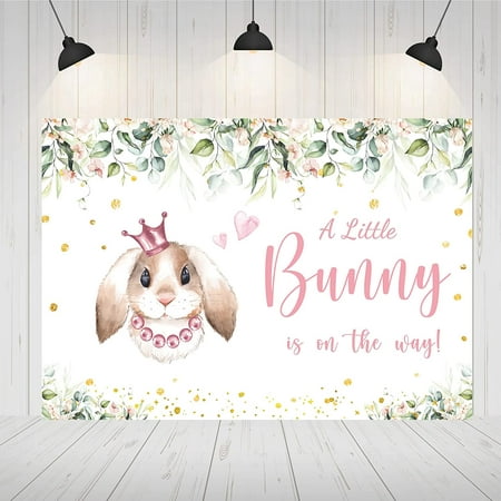 Image of 7×5ft Bunny Baby Shower Backdrop Easter Girl A Little Bunny is on The Way Background Eucalyptus Pink Cute Rabbit Bunny Party Decorations Supplies Banner