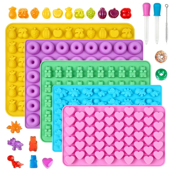 Godance 5 Pcs Gummy Candy Molds - Silicone Mini Gummy Bear/Dinosaur/Fruit / Hearts and Donut 267 Cavities Molds with 2 Droppers & Brush, Non-stick Chocolate Molds for Gummies Candy Chocolate Baking