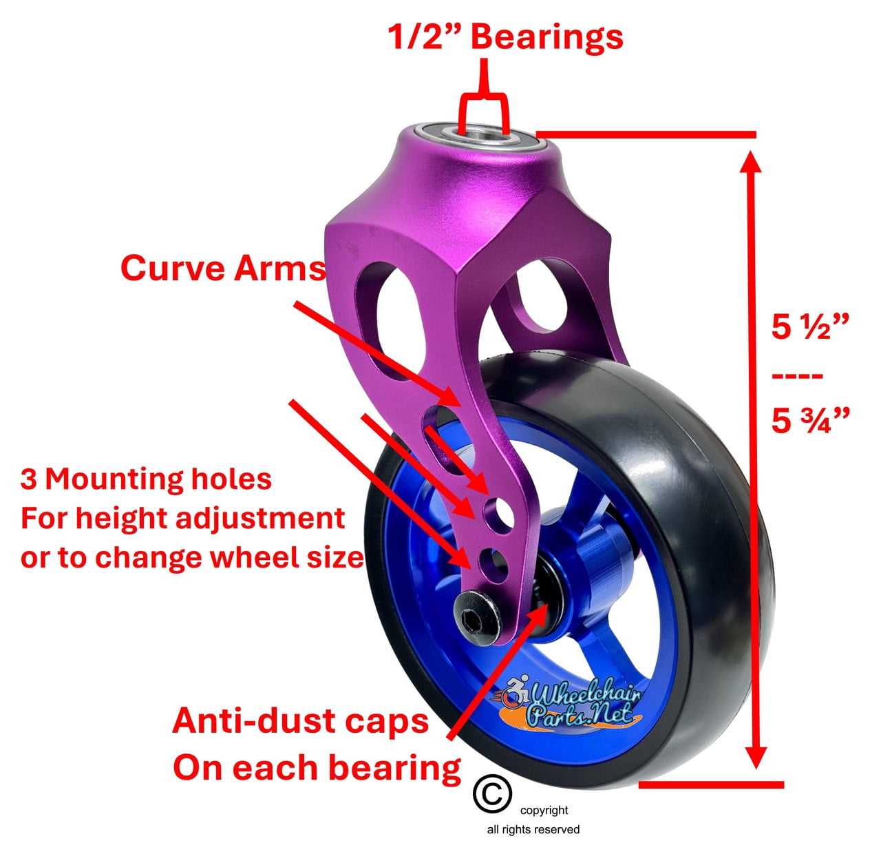 Purple Aluminum Caster Fork Assembly With 4x1.40 Soft Roll Wheels in Blue Color