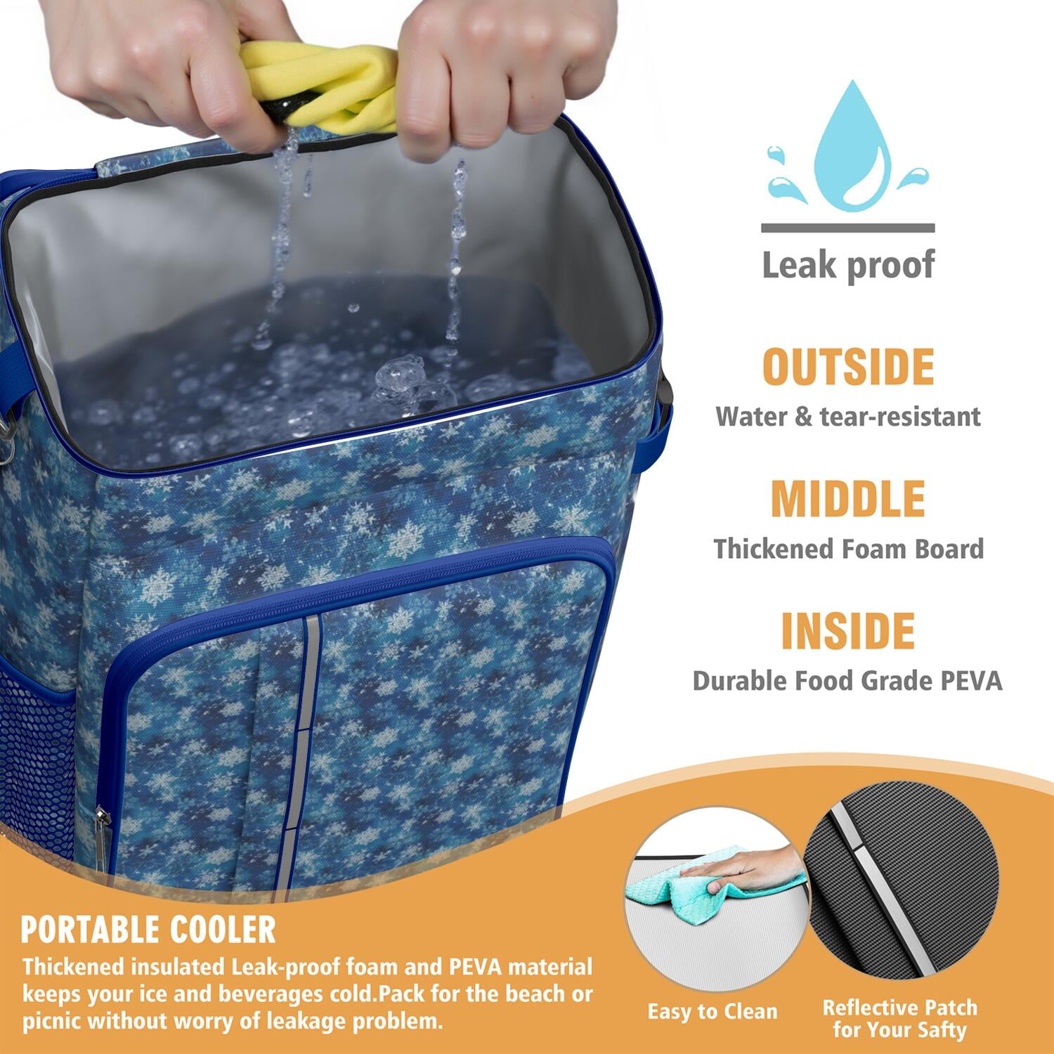 Travel Cooler Bag - Blue Christmas Snowflake Pattern Camping Beer Cooler Backpack with Bottle Opener- Waterproof Insulated Picnic Backpacks - Cooler Bag for Beach