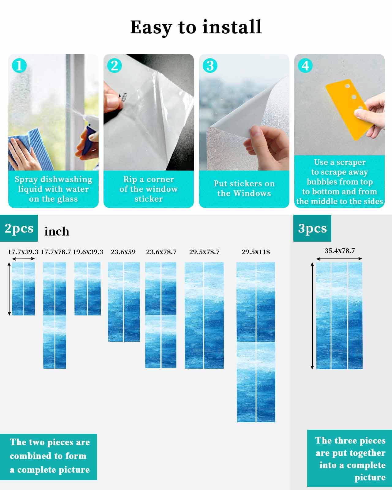 Window Privacy Film Blue Summer Ocean Stained Glass Window Film Decorative Sun Block Window Cover Modern Abstract Coastal Wave Window Clings Static Adhesive Sticker for Bathroom 23.6"x59"