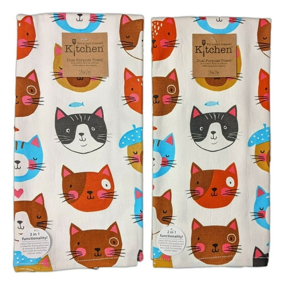 Set of 2 CRAZY CATS Cat Faces Terry Kitchen Towels by Kay Dee Designs