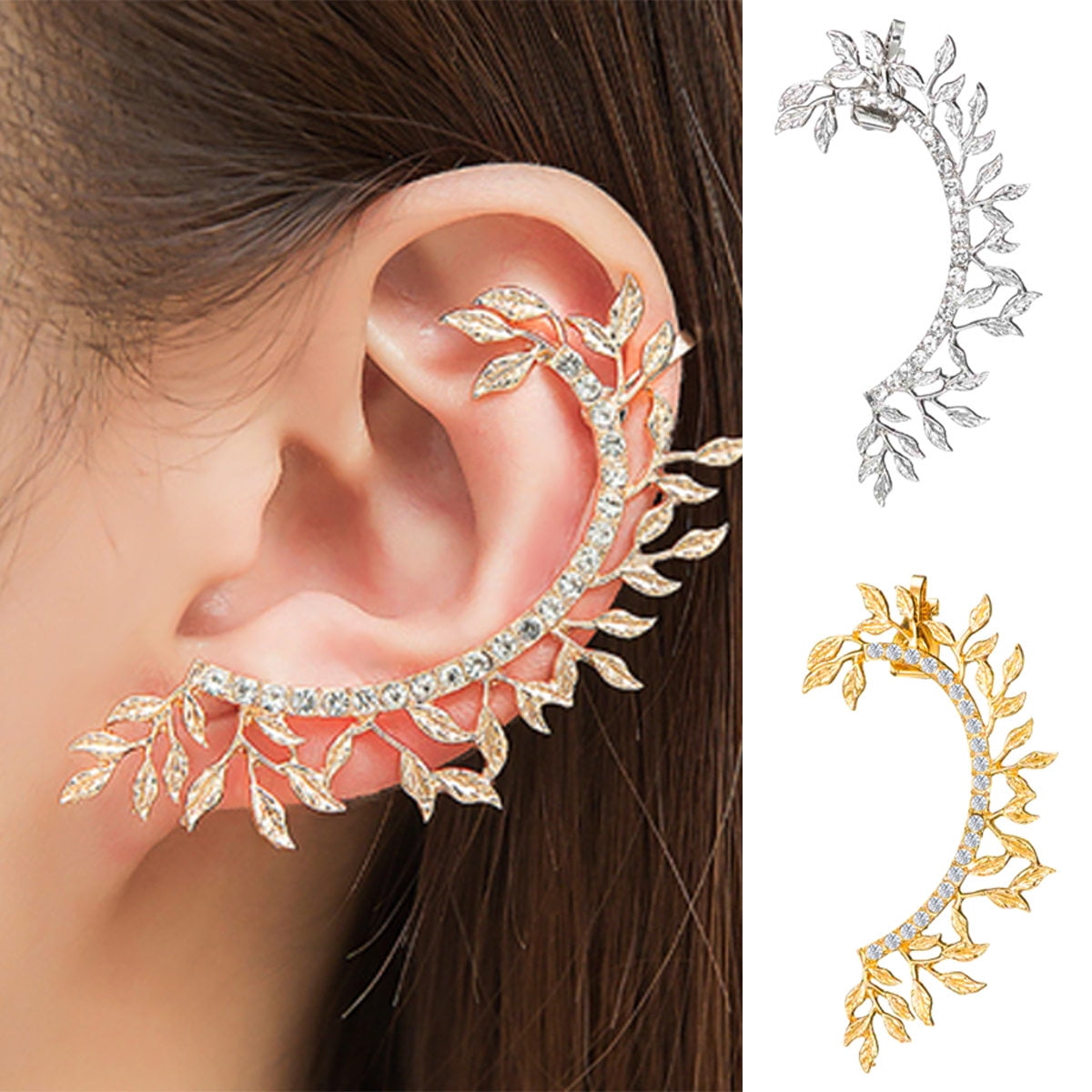 Ear Charms Delicate Leaf Flower and CZ Rhodium on Silver Long Wave Ear Cuff Earring Wraps