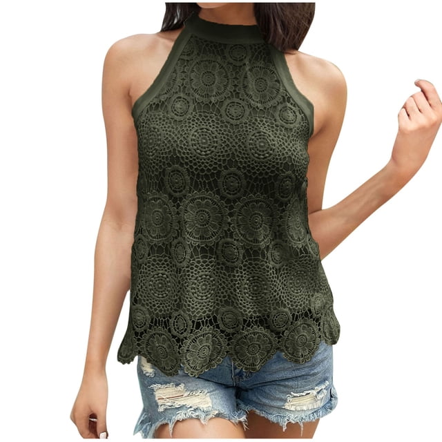 Mrat Débardeurs Grande Taille pour Femmes Débardeurs d'Été T-Shirts Col Rond Sans Manches Blouses Décontractées Amples Débardeurs Col Haut pour Femmes P-346 Vert Armée P