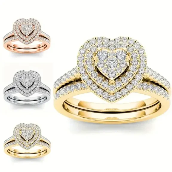 New Full Zircon Multi layer Ring with Love Set, Popular Fashion Two piece Heart shaped Halo Women's Jewelry