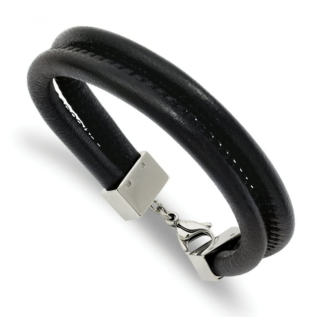 Bracelet en Acier Inoxydable en Cuir Noir à Double Rangée de 8,5 Pouces pour Homme pour Papa Hommes pour Lui